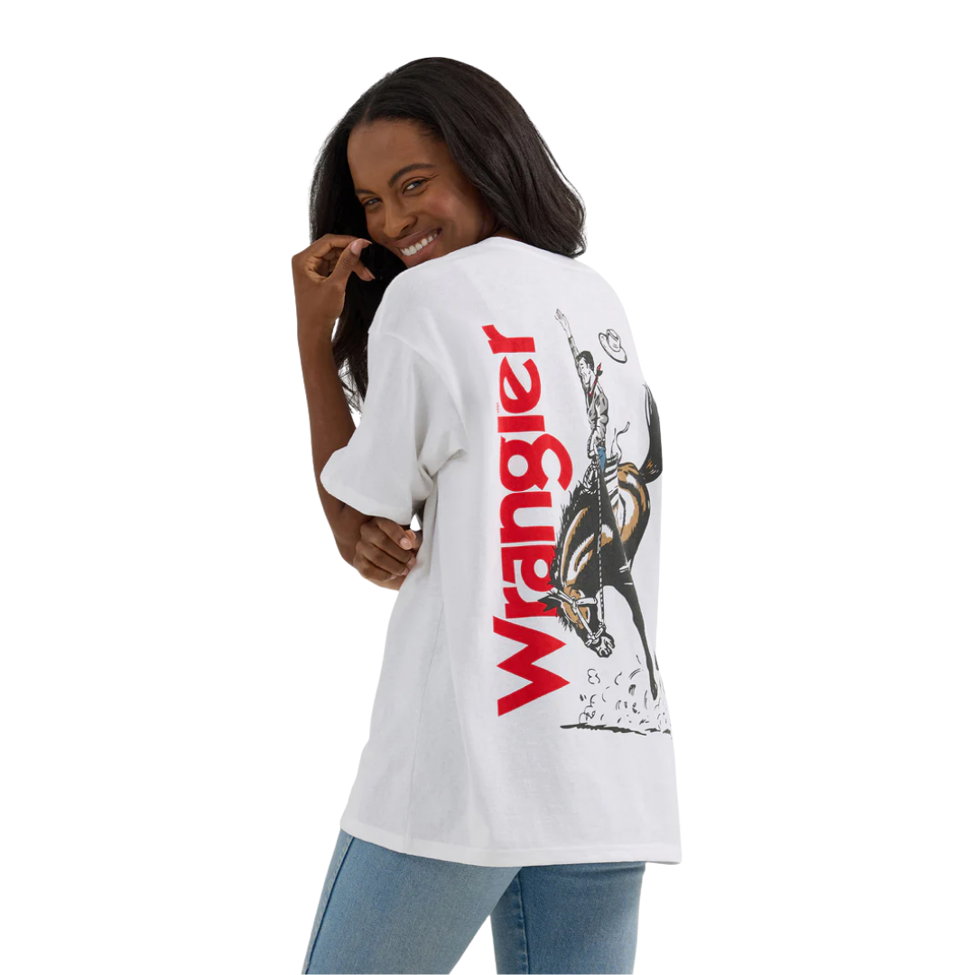 Wrangler Women's Western Back Graphic Oversized White Tee Shirt