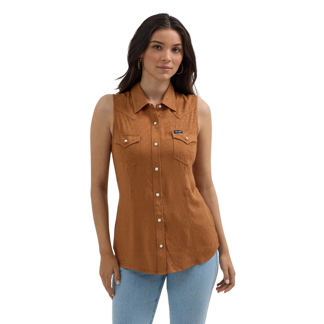 Wrangler Women's Sleeveless Western Slim Brown Shirt