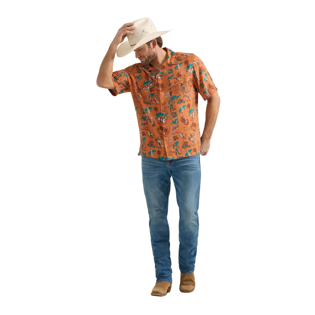 Wrangler Men's Coconut Cowboy Aloha Orange Shirt