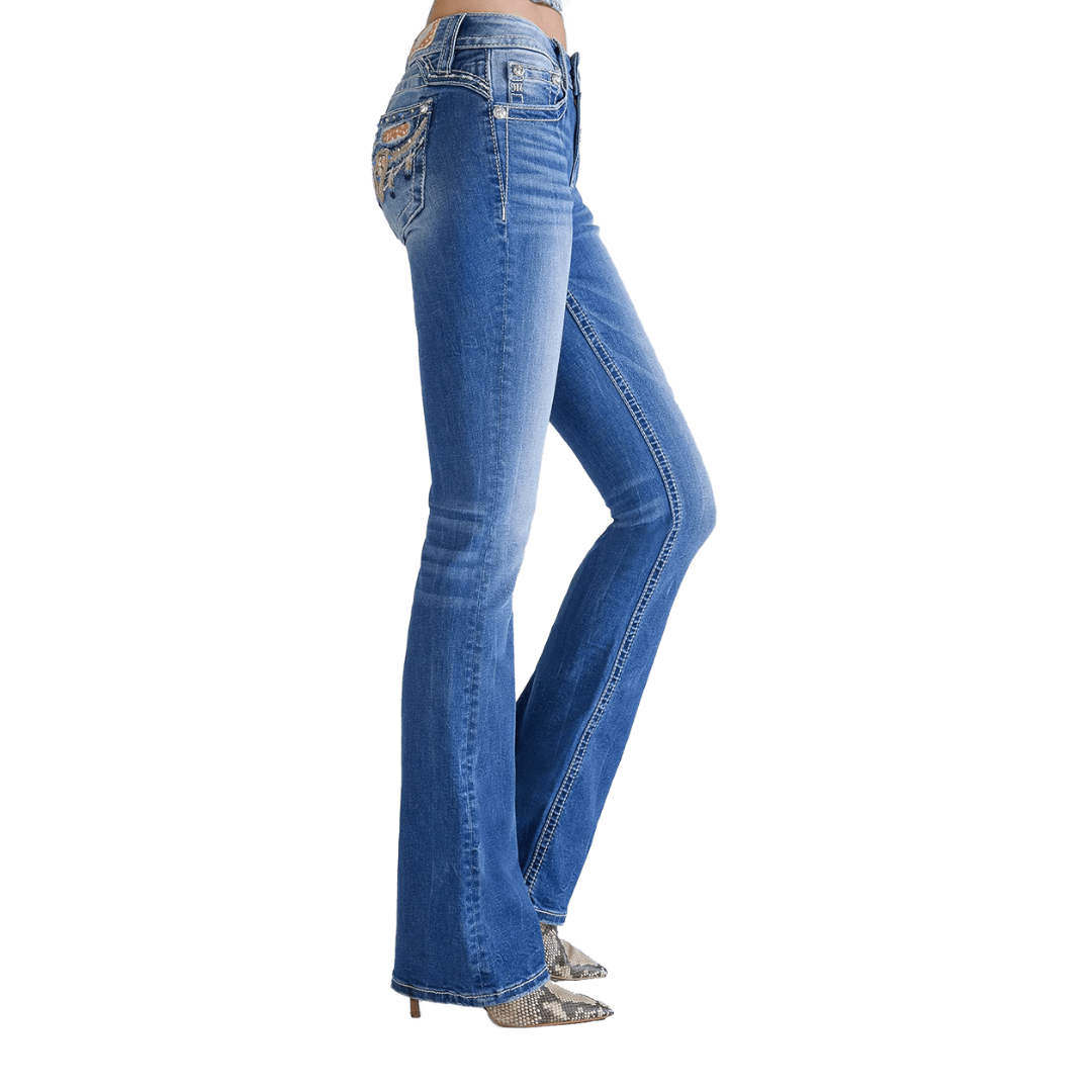 Miss Me Women's Mid Rise Longhorn Boot Cut Blue Jeans