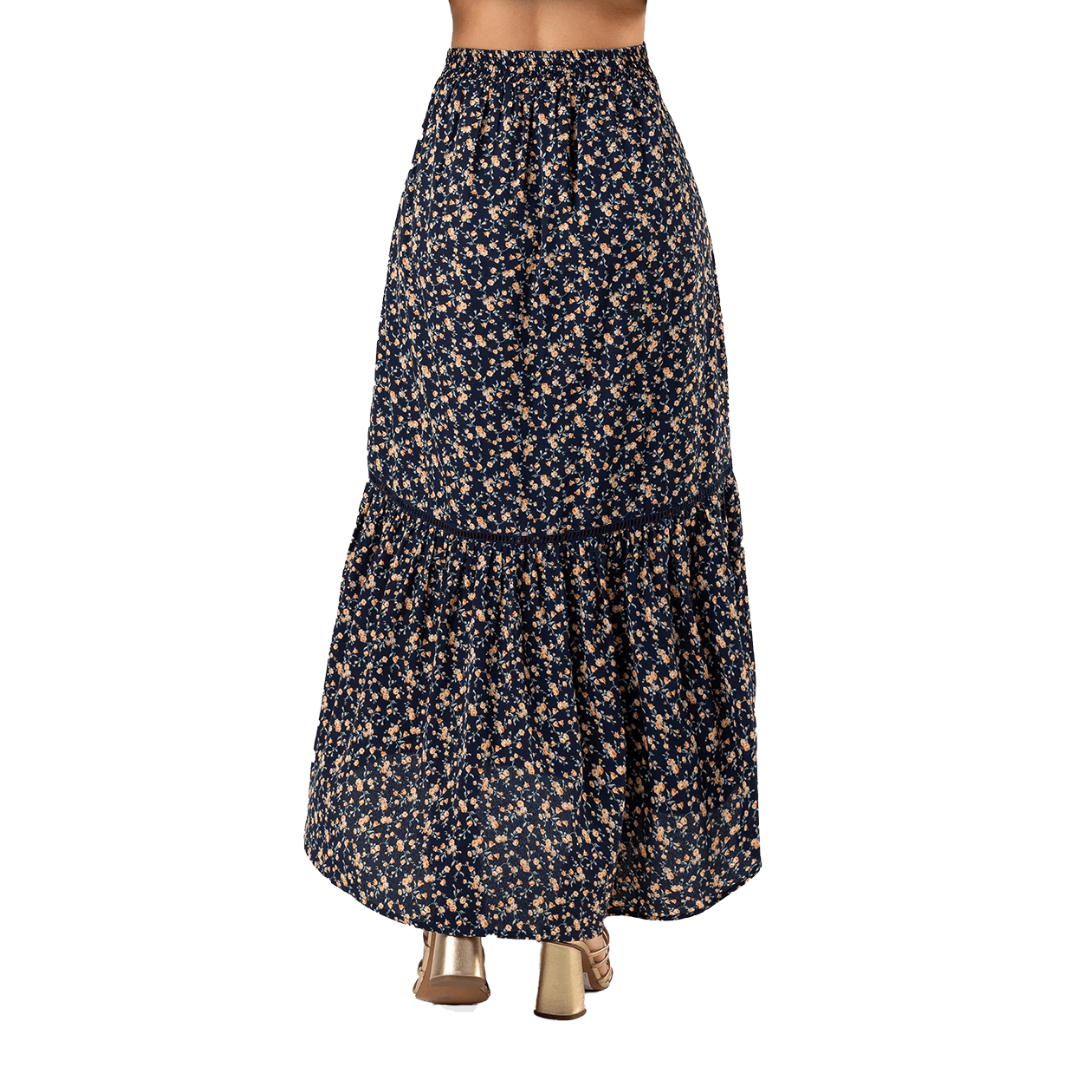 Miss Me Women's Floral Print Flared Maxi Brown Skirt