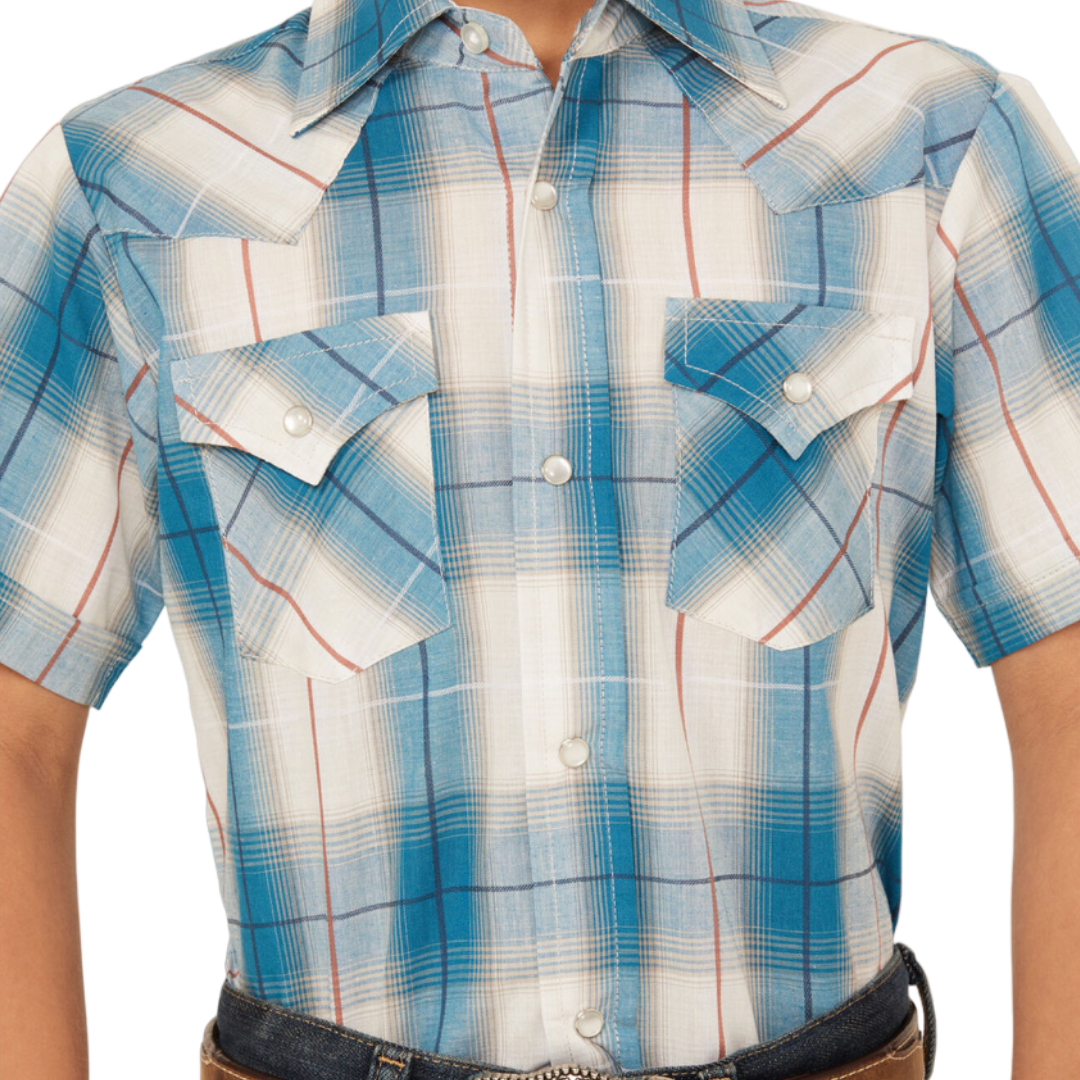 Ely Walker Youth Kid's Textured Dobby Plaid Snap Western Blue Shirt