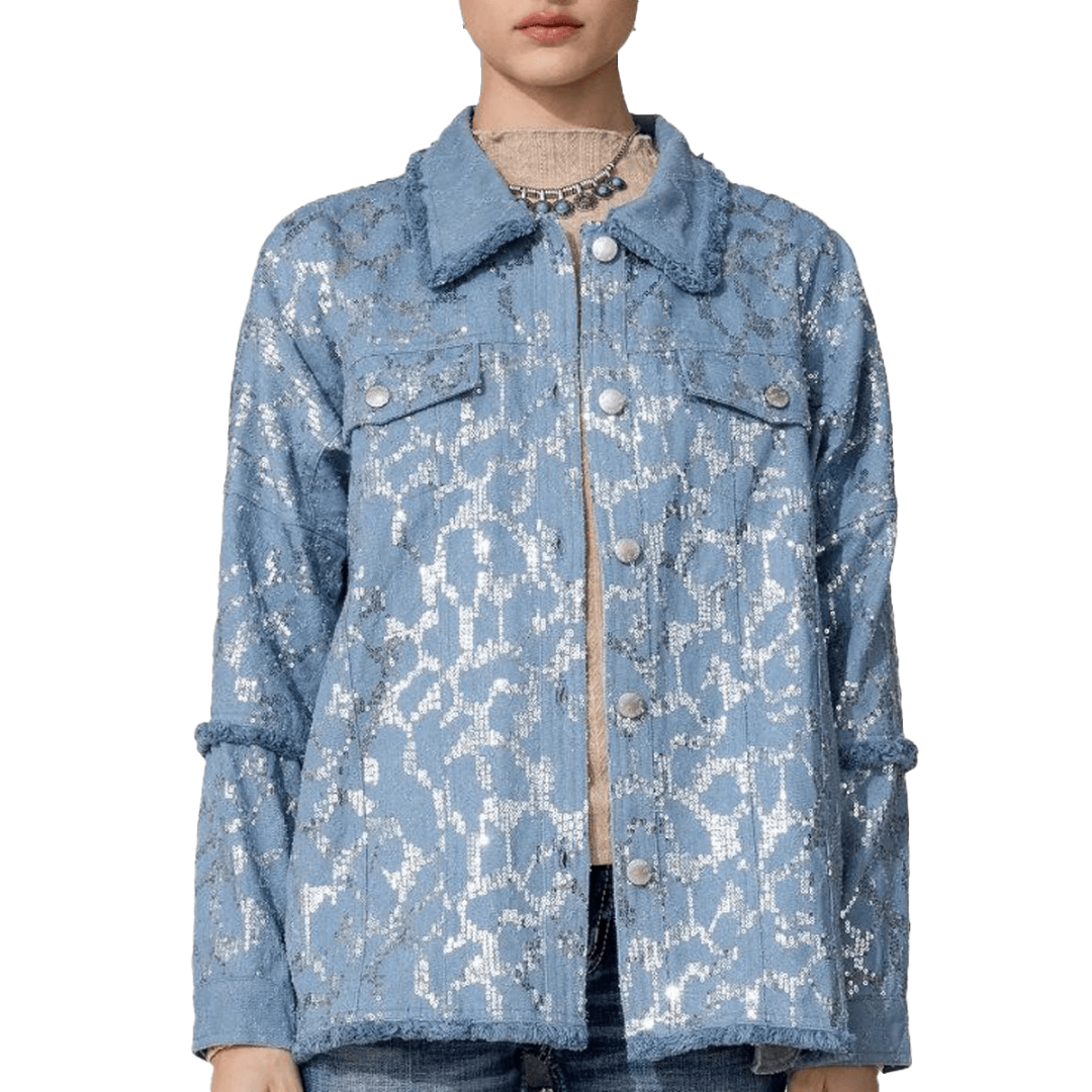 Miss Me Women's Sequin Button Down Blue Jacket