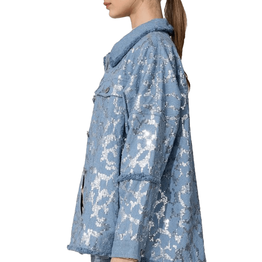 Miss Me Women's Sequin Button Down Blue Jacket