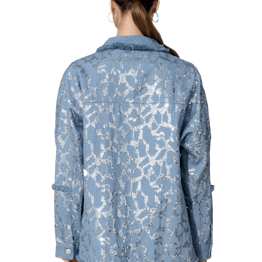 Miss Me Women's Sequin Button Down Blue Jacket