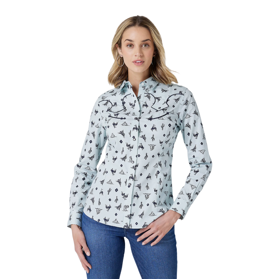 Wrangler Women's Retro Cowgirl Cactus Blue Shirt