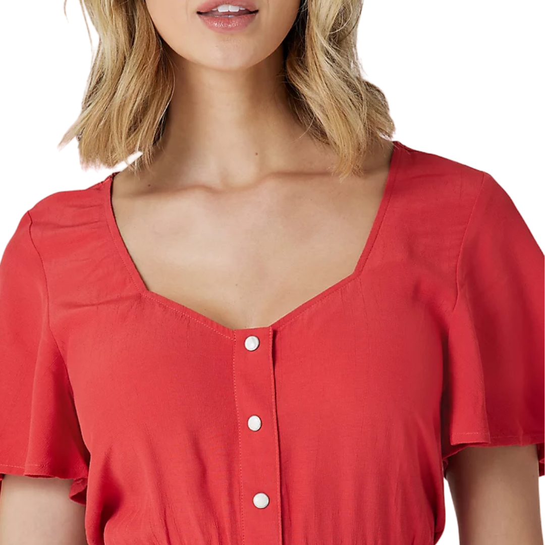 Wrangler Women's Retro Flutter Hem Snap Red Dress