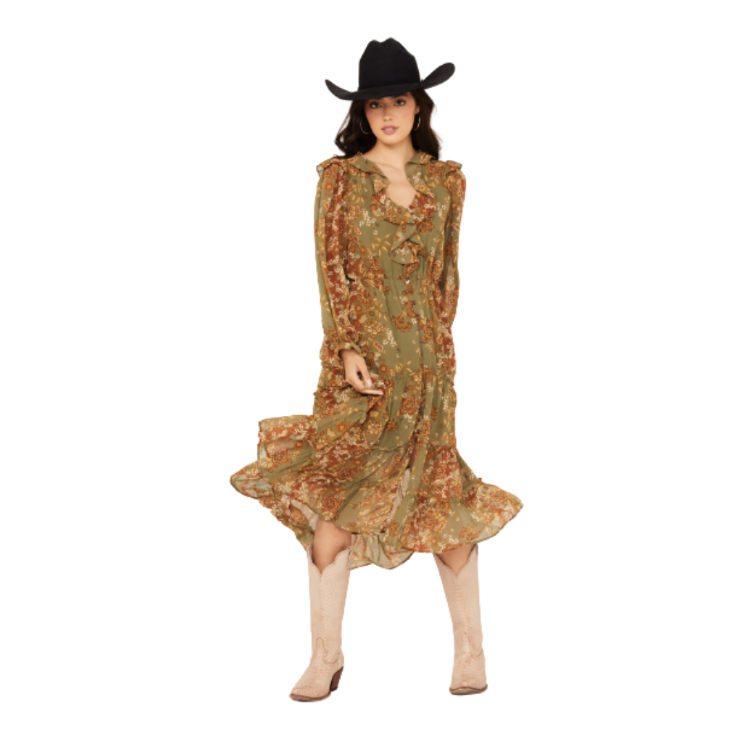 Miss Me Women's Floral Tier Green Dress