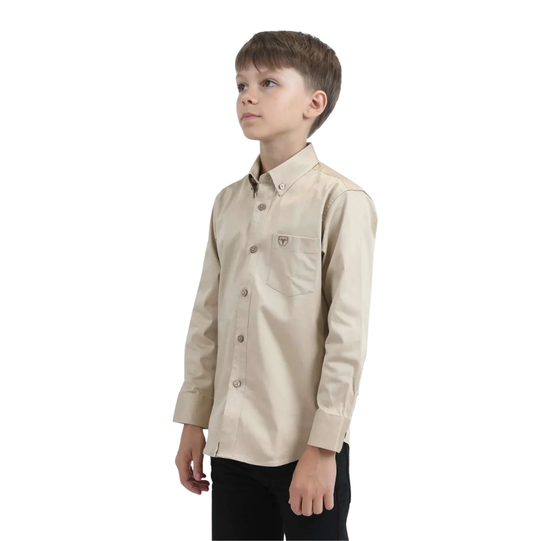 platini dress shirts Youth Boy's Beige Long Sleeve Shirt One-Shoulder Primavera Beaded Long Model is wearing size leopard wrap dress Size:12-18 Month