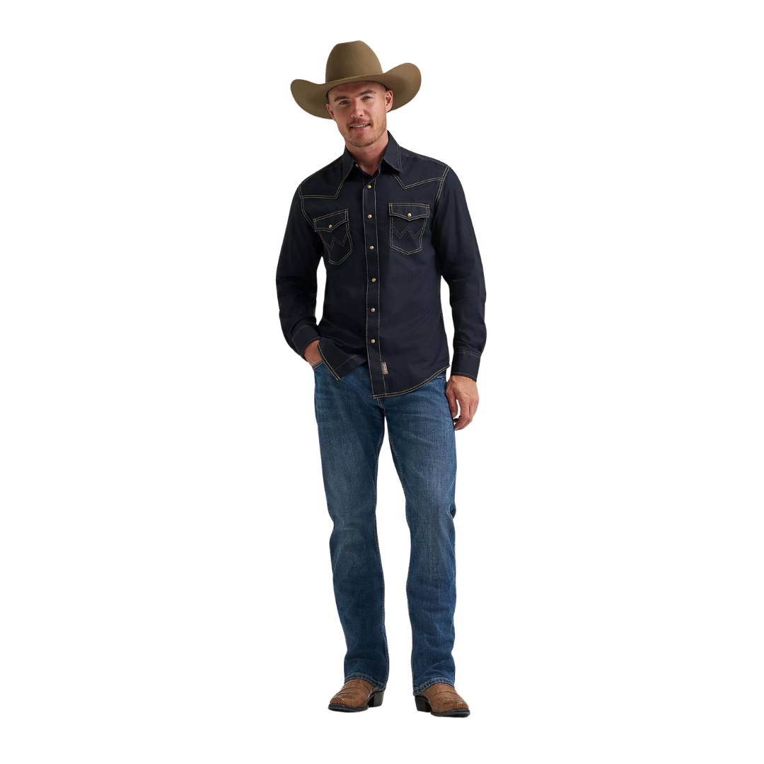 Wrangler Men's Retro Western Snap Solid Dobby Black Shirt