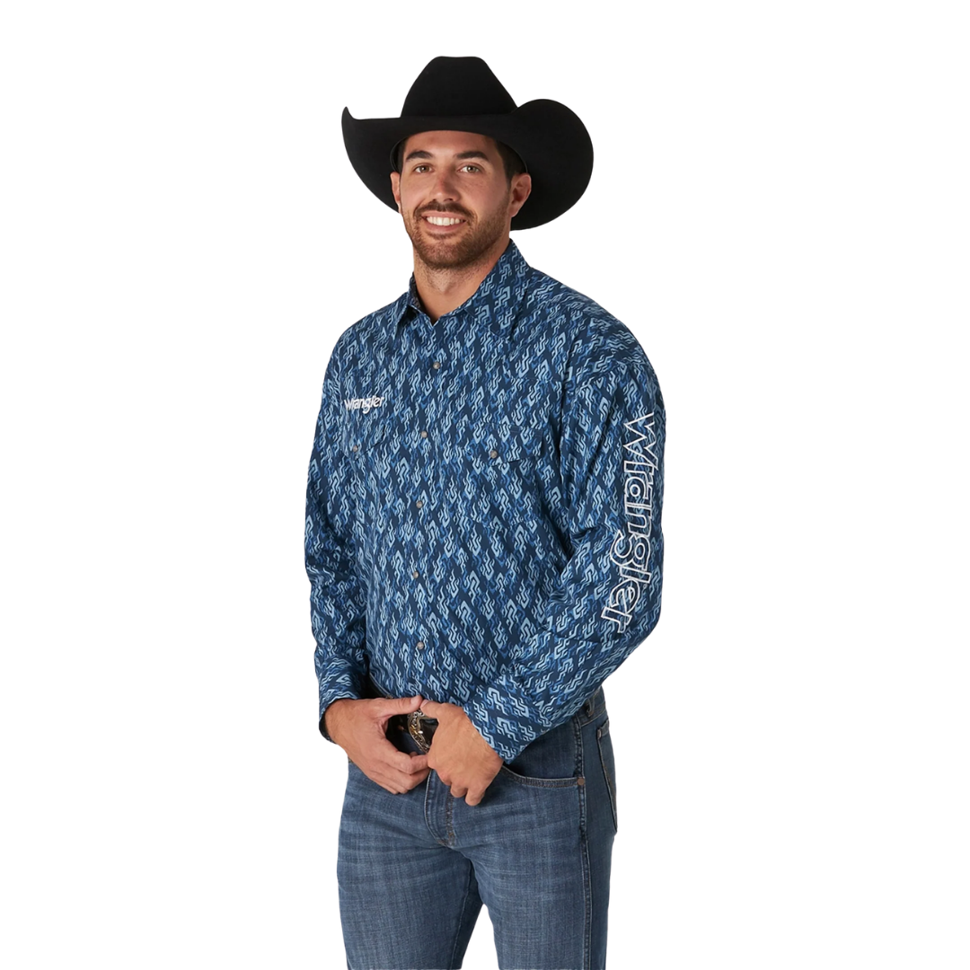 Wrangler Men's Logo Geometric Print Blue Shirt