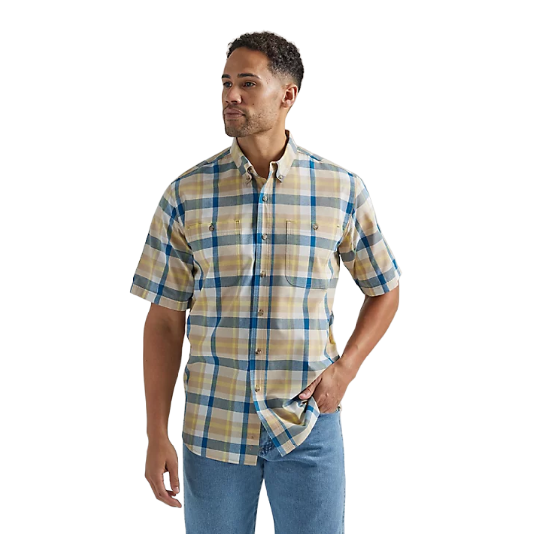 Wrangler Rugged Wear Easy Care Plaid In Khaki Blue Shirt