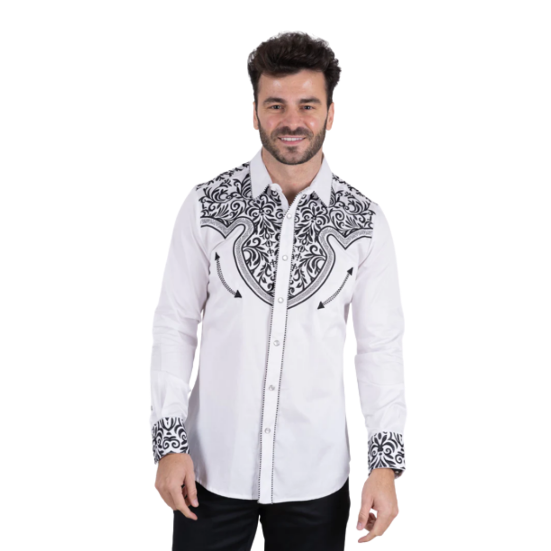 Platini Men's Cotton White Embroidery Western Shirt