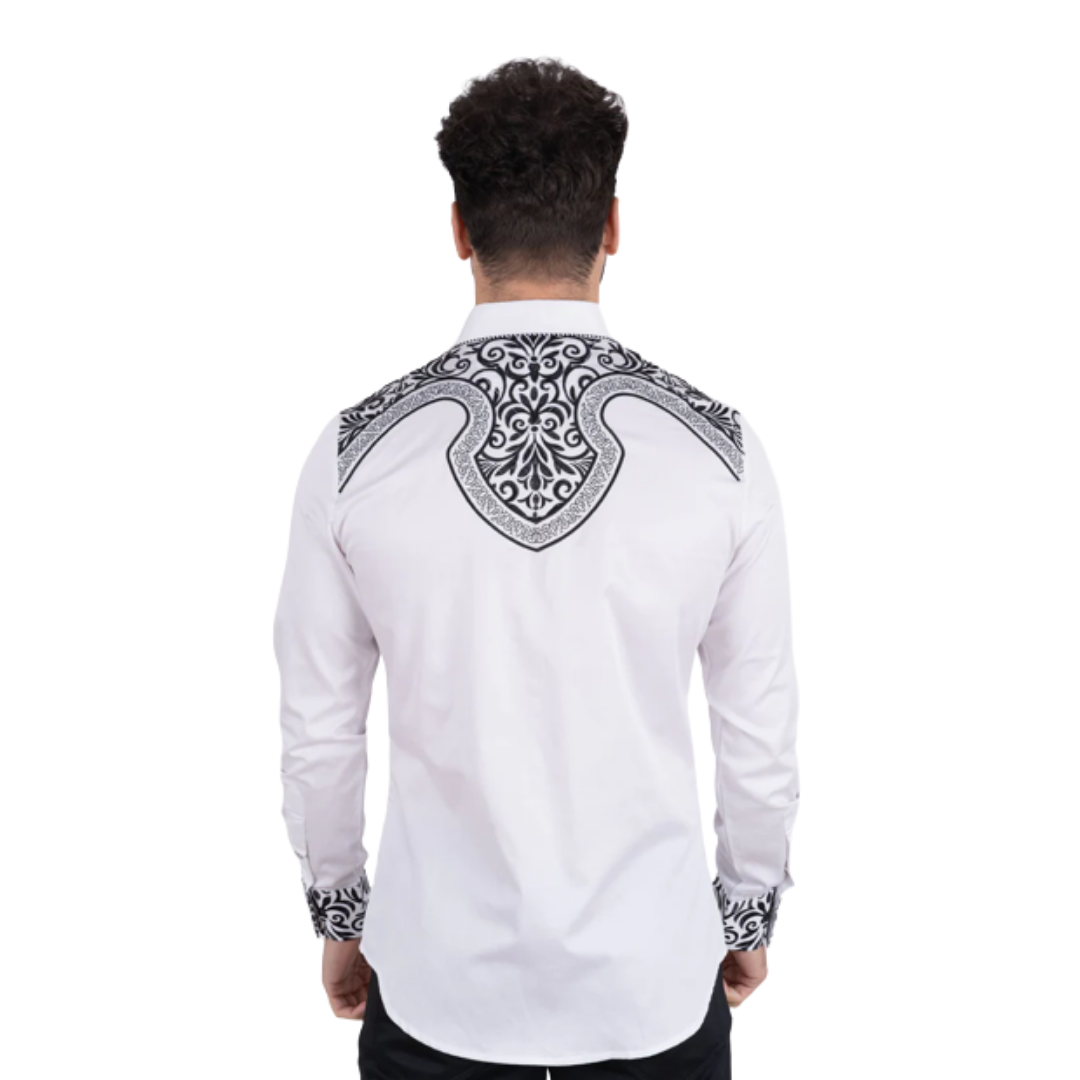 Platini Men's Cotton White Embroidery Western Shirt
