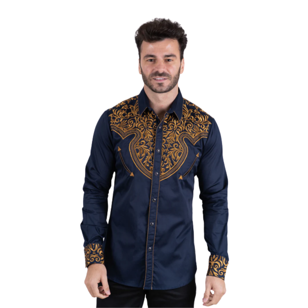 Platini Men's Navy Cotton Embroidery Western Shirt