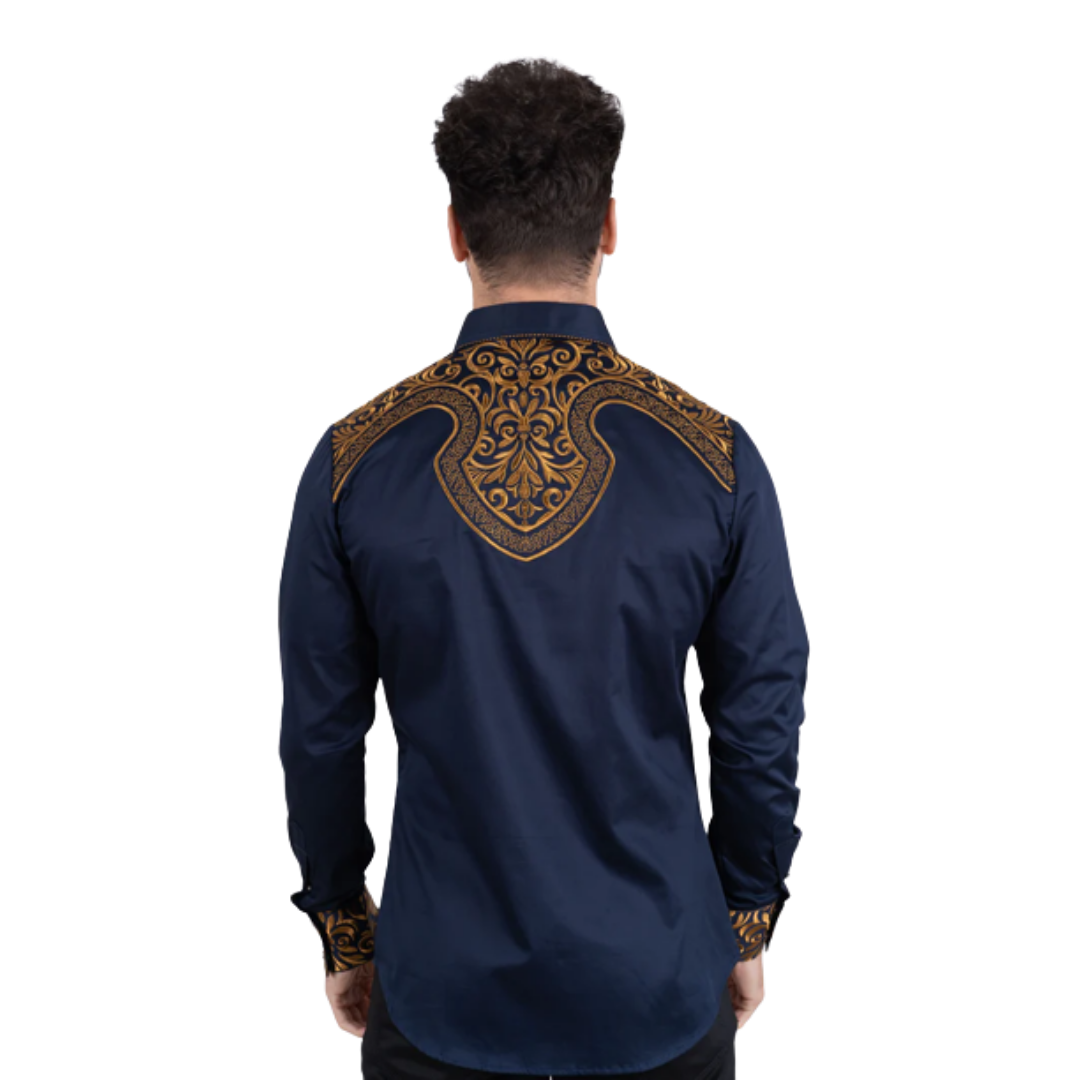 Platini Men's Navy Cotton Embroidery Western Shirt