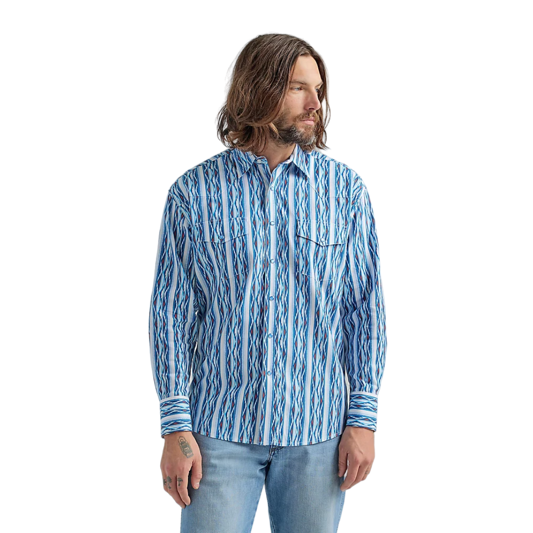 Wrangler Men's Checotah Long Sleeve Western Snap Printed Sea Blue Shirt - Big