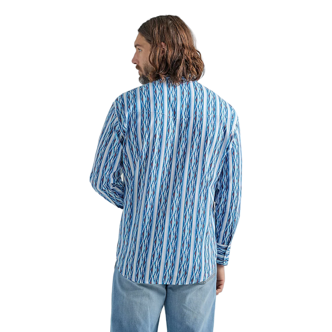 Wrangler Men's Checotah Long Sleeve Western Snap Printed Sea Blue Shirt - Big