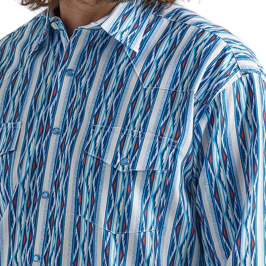 Wrangler Men's Checotah Long Sleeve Western Snap Printed Sea Blue Shirt - Big