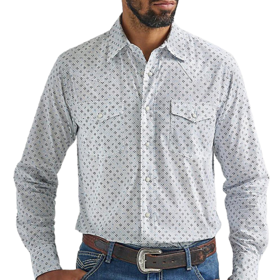 Wrangler Men's Competition Advanced Comfort Snap White and Blue Print Shirt
