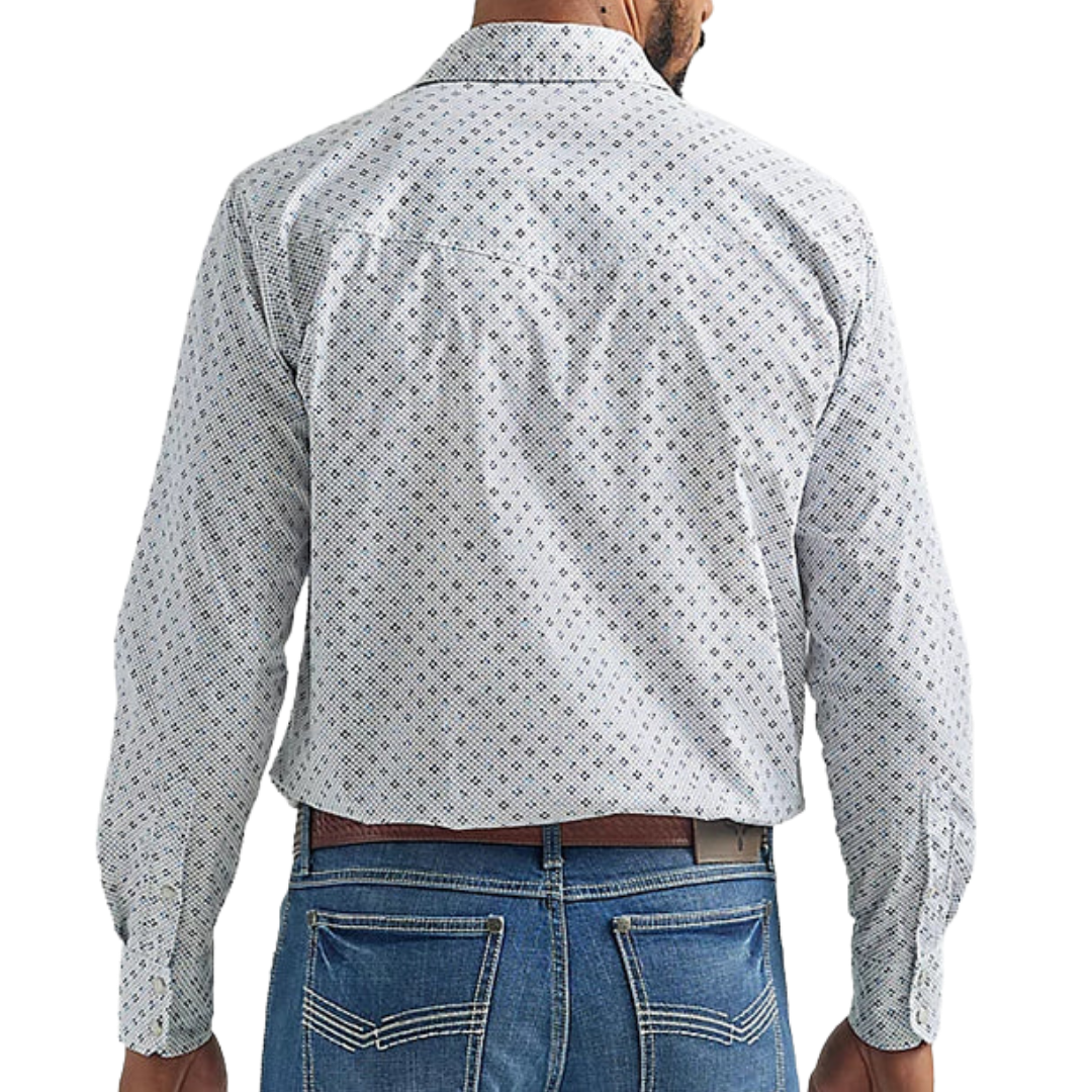 Wrangler Men's Competition Advanced Comfort Snap White and Blue Print Shirt