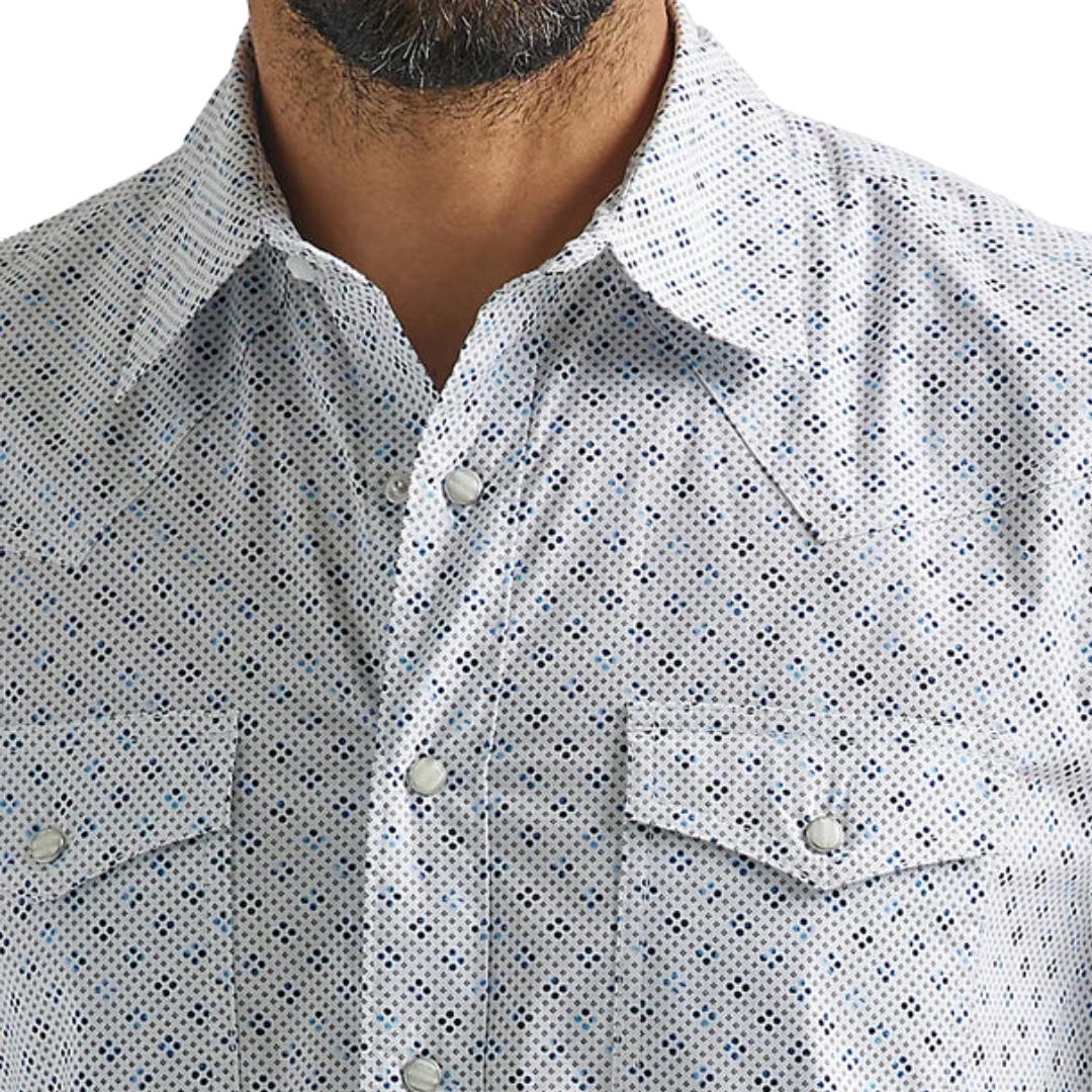 Wrangler Men's Competition Advanced Comfort Snap White and Blue Print Shirt