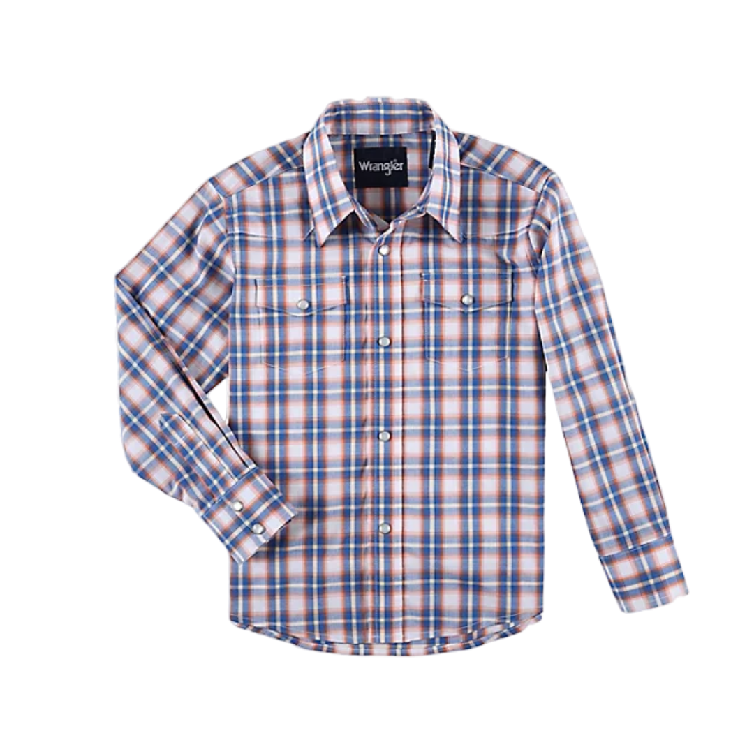 Wrangler Boy's Long Sleeve Western Snap Plaid Orange Pop Shirt