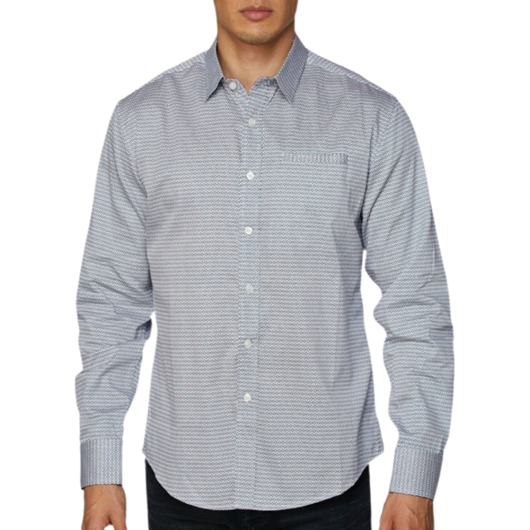 Avalon Men's Print Satin Button Down Blue Shirt