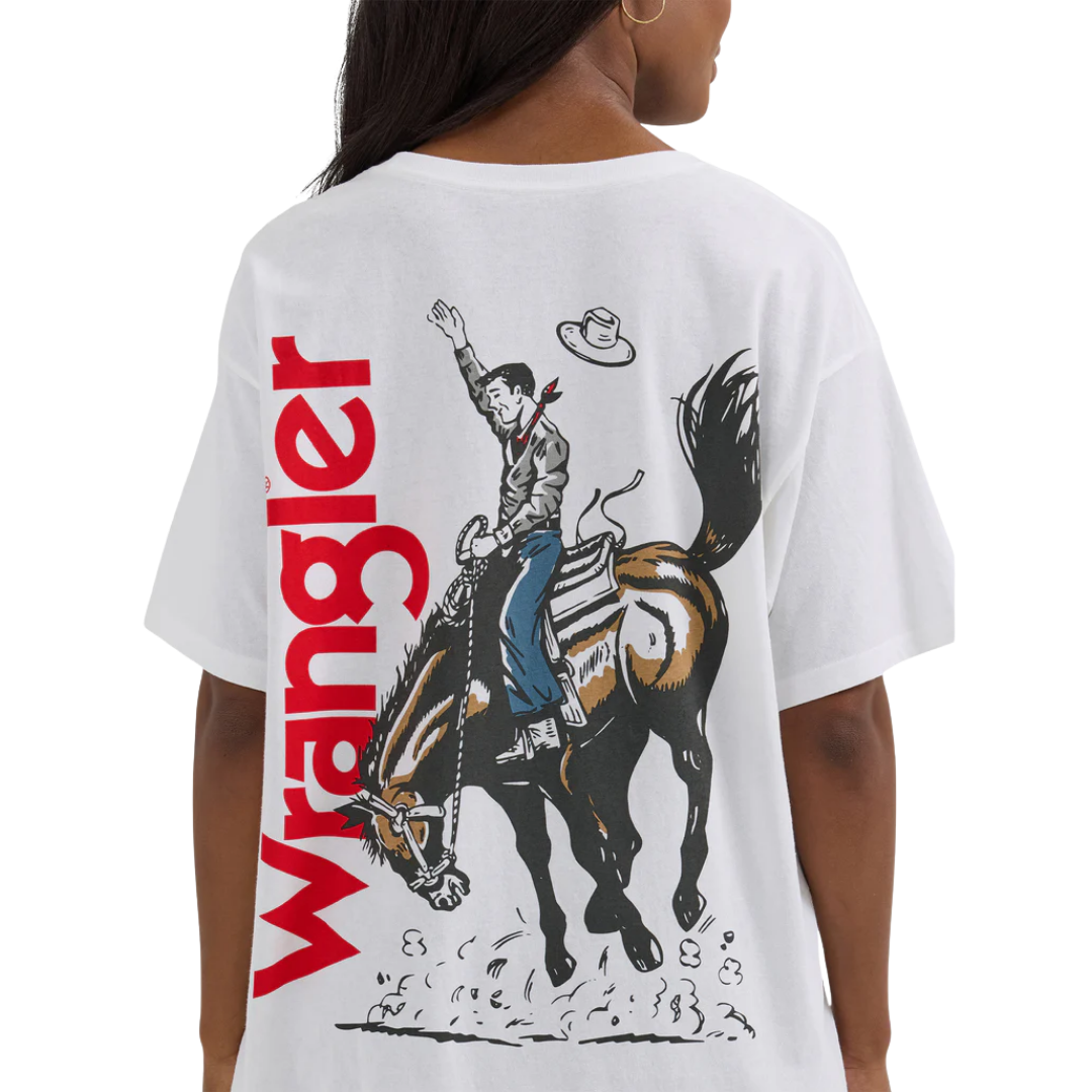 Wrangler Women's Western Back Graphic Oversized White Tee Shirt