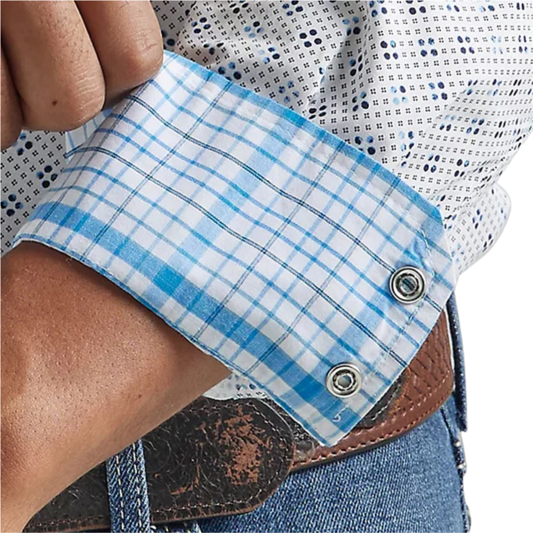 Wrangler Men's Competition Advanced Comfort Snap White and Blue Print Shirt
