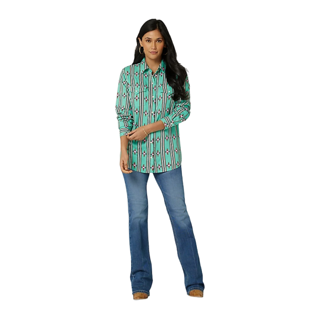 Wrangler Women's Long Sleeve Stripe Snap Green Print Shirt