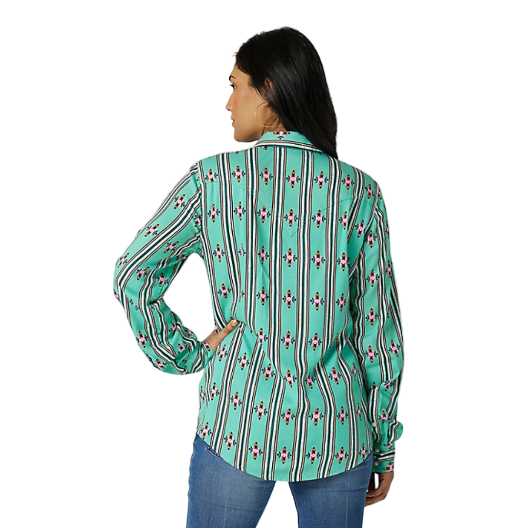 Wrangler Women's Long Sleeve Stripe Snap Green Print Shirt