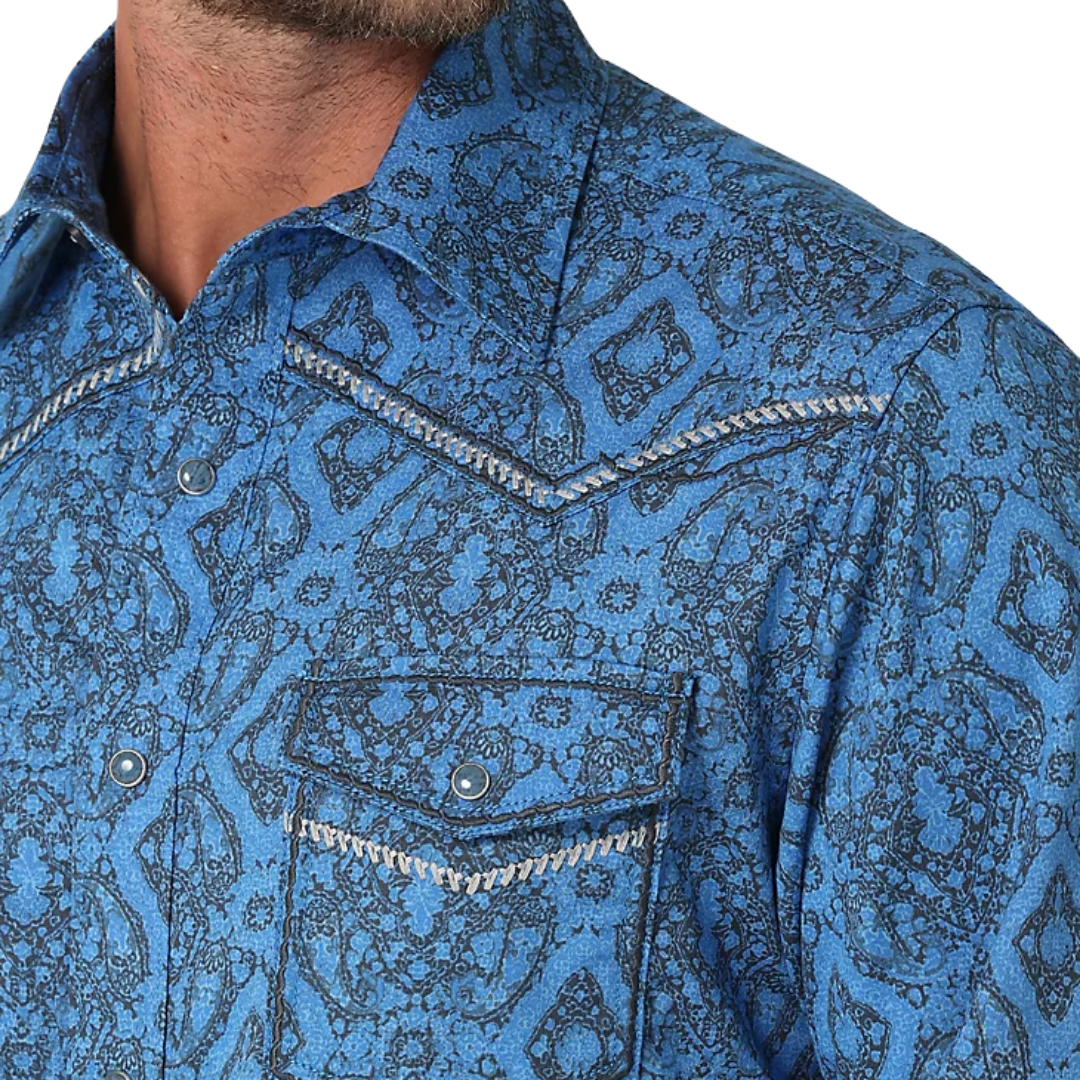 Wrangler Men's Rock 47 Long Sleeve Snap Blue Shirt
