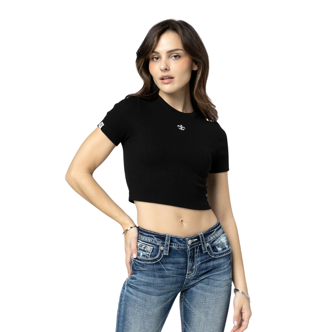 Miss Me Women's Classic Fleur Crop Black Tee Shirt