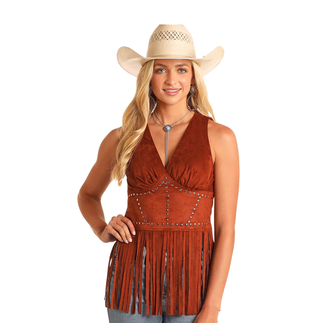Rock & Roll Women's Studded Fringe Brown Top