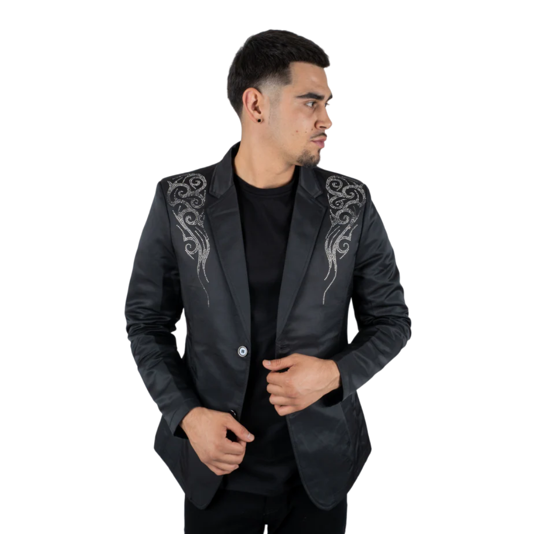 Platini Men's Double Button Rhinestone Black Blazer