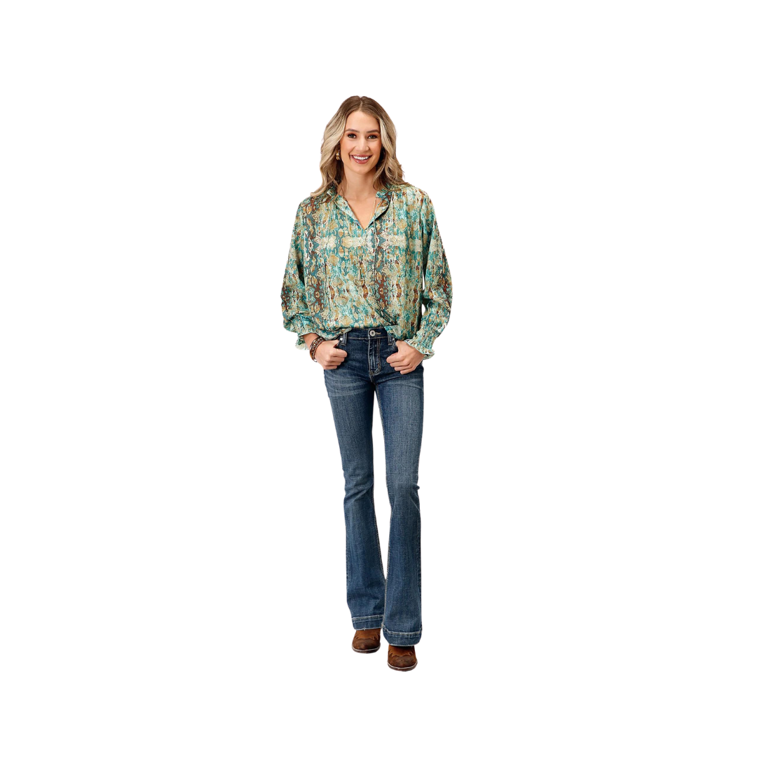 Roper Women's Poly Teal Snake Print Green Blouse