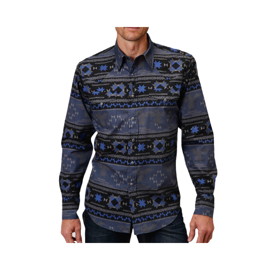 Roper Men's Horizontal Aztec Print Blue Shirt