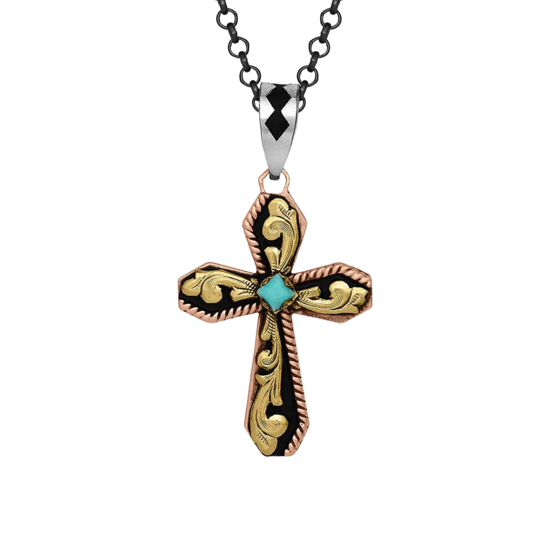 Montana Silversmiths Men's Tri Tone Scroll Turquoise Cross Necklace