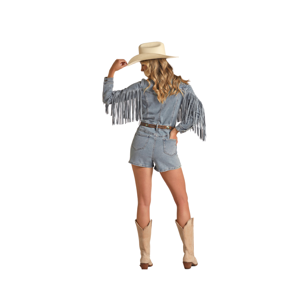Rock & Roll Denim Ladies Medium Wash Fringe Denim Romper