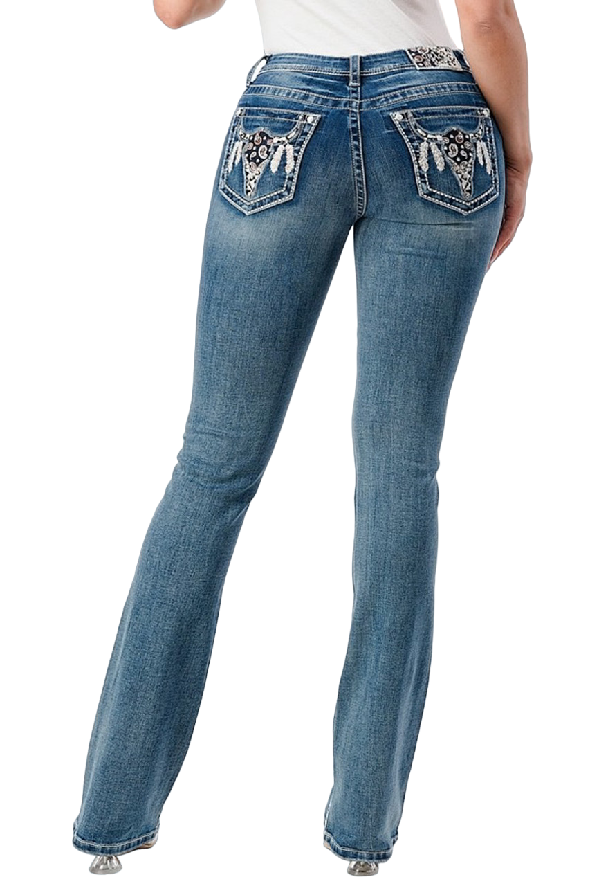 Grace Women's Embroidered Bandana Steerhead Mid Rise Bootcut Jean