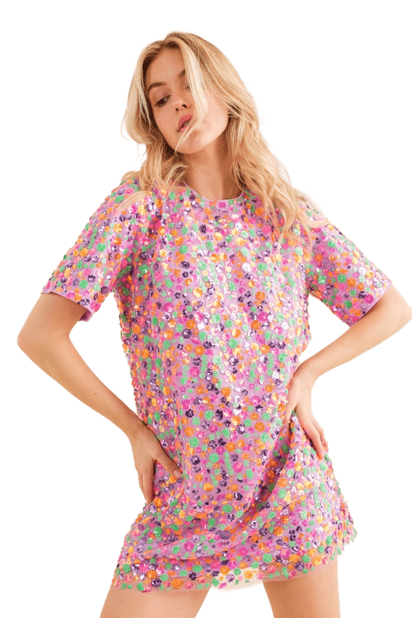 Blueb Sequin Floral Embellished Multi T-Shirt Dress