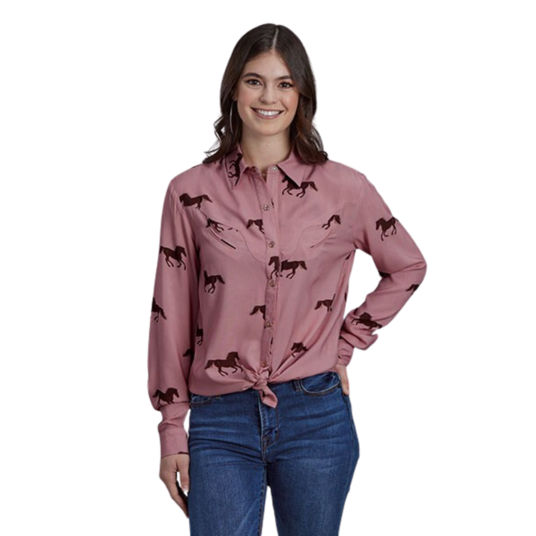 Roper Women's Pink Wild Horses Rayon Blouse