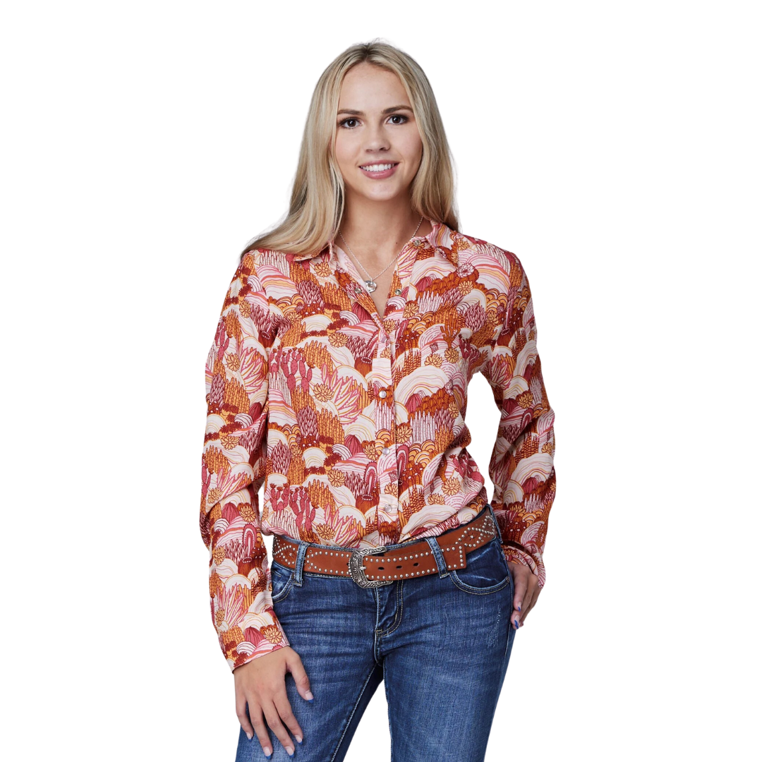 Roper Women's Groovy Cacti Print Rayon Pink Blouse