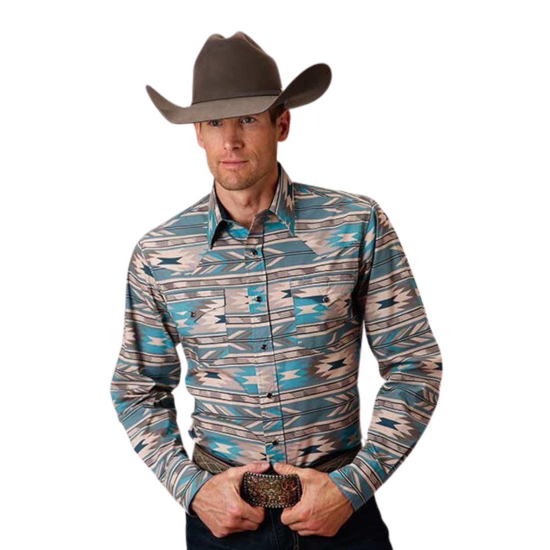 Wrangler Men's Long Sleeve Horizontal Aztec Print Blue Shirt