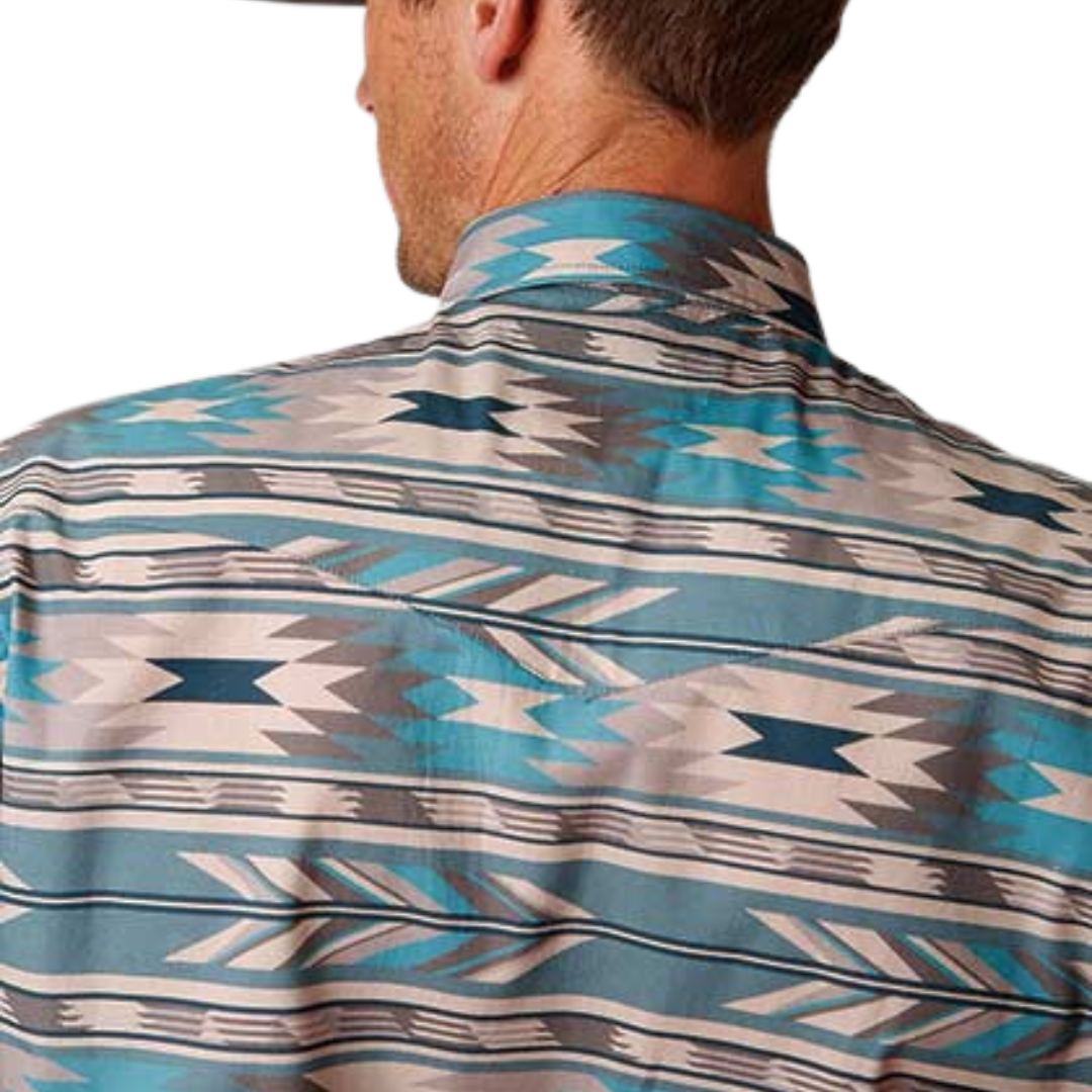 Wrangler Men's Long Sleeve Horizontal Aztec Print Blue Shirt