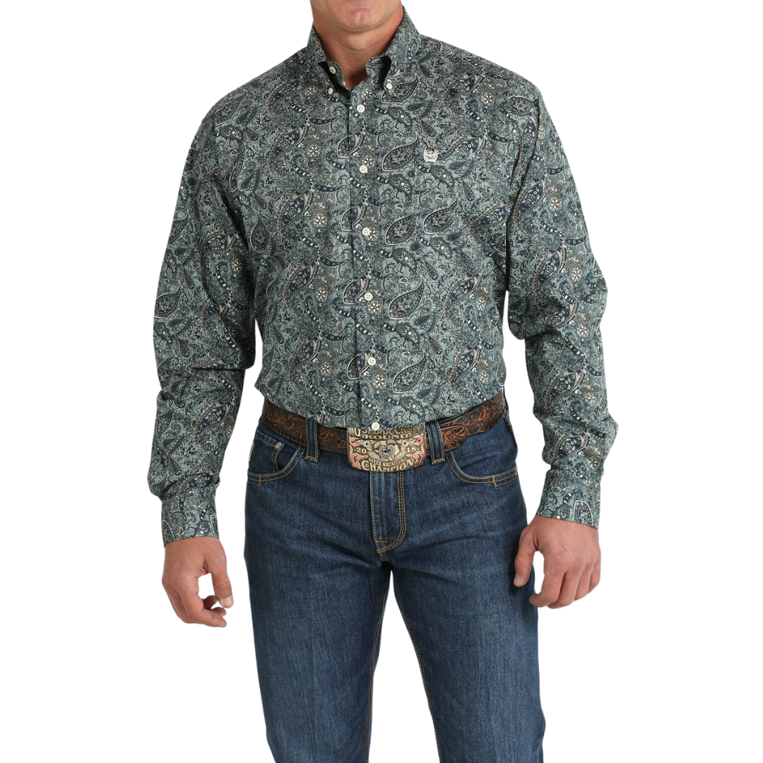 Cinch Men's Button Down Green And Cream Shirt