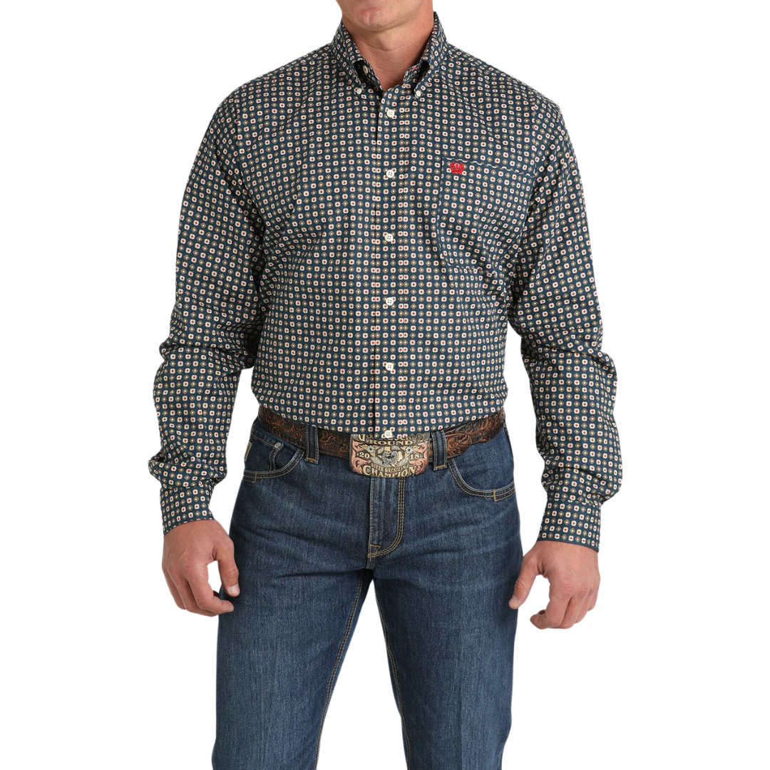 Ariat Men's Stretch Medallion Print Button Down Western Navy Shirt