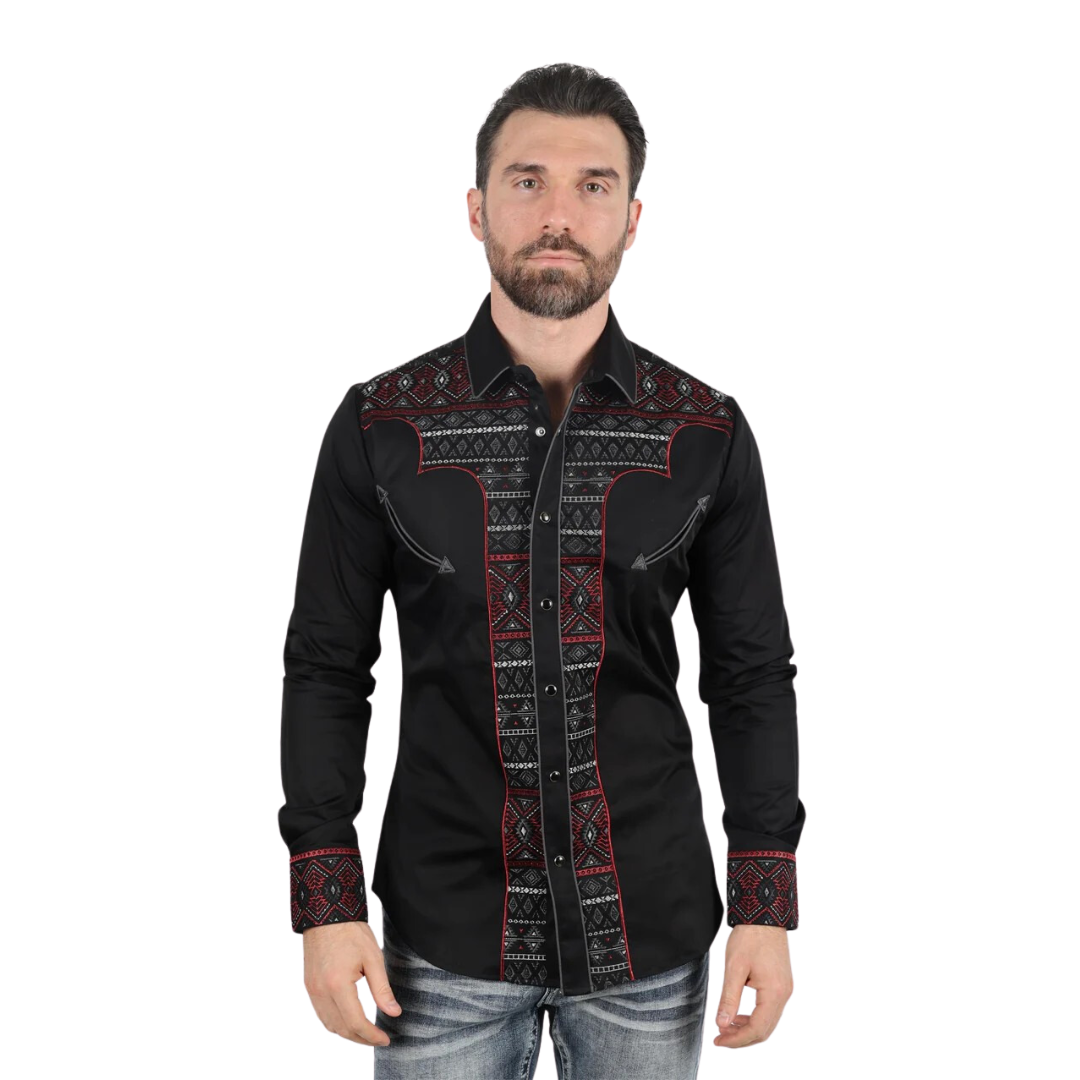 Platini Men's Modern Fit Stretch Aztec Embroidery Black Shirt