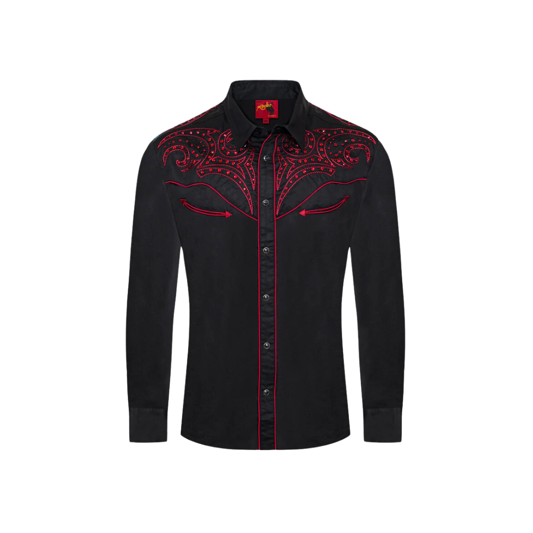 Avalon Men's Western Cowboy Embroidery Black And Red Shirt